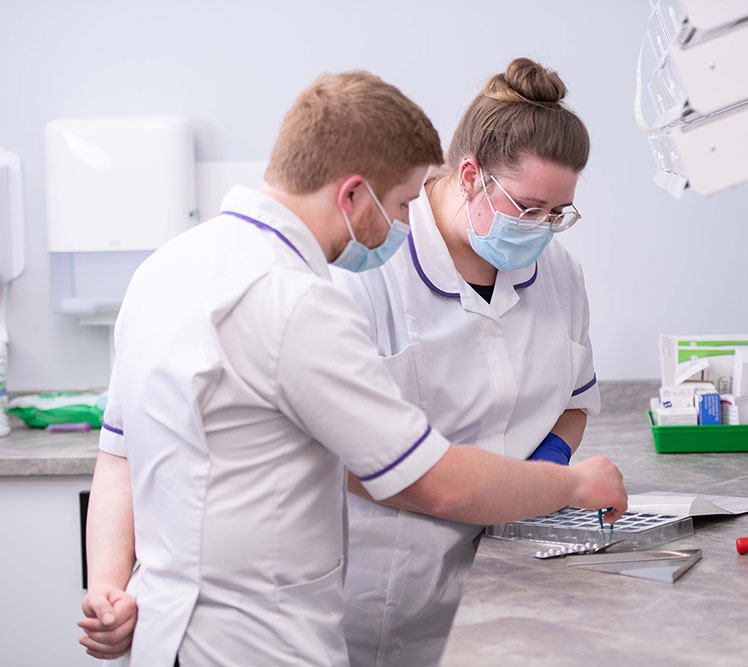 two pharmacists preparing medicines tray